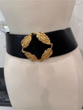 Vintage Leather Wide Black Waist Belt with Gold Leaf Motif Buckle